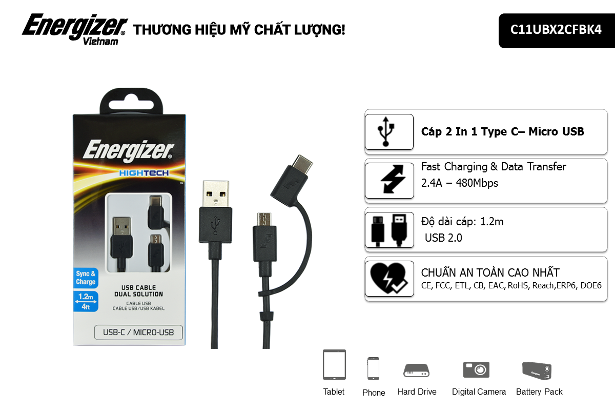 2 trong 1 Micro-USB và Type-C 1.2m màu đen - C11UBX2CFBK4