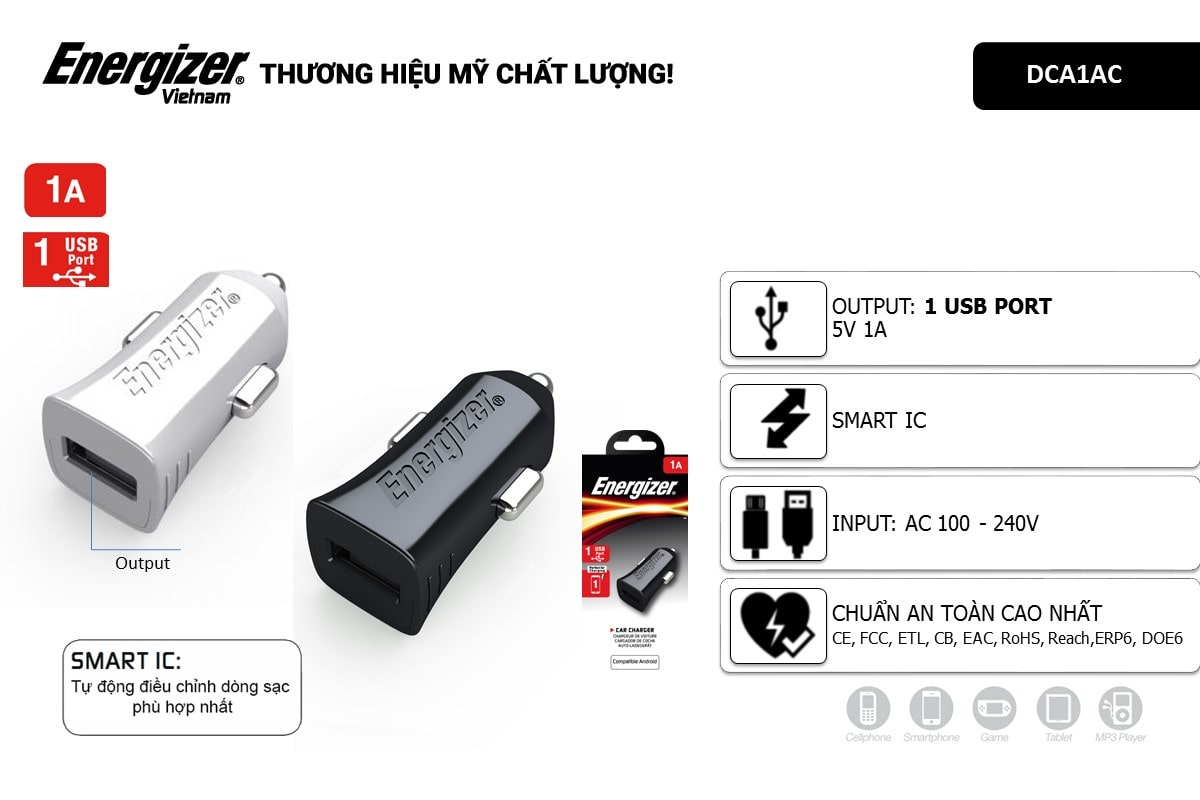 Sạc Ô tô 1A, 1 USB - DCA1AC