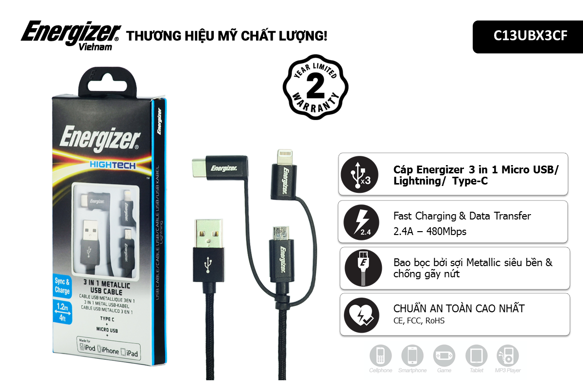 3 in 1 Metallic Lightning-Micro-Type C 1.2m - C13UBX3CF