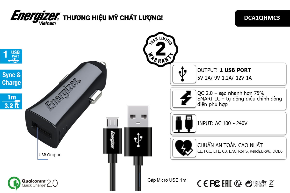Sạc ô tô QuickCharge Qualcomm 2.0 + Kèm cáp Micro USB - DCA1QHMC3