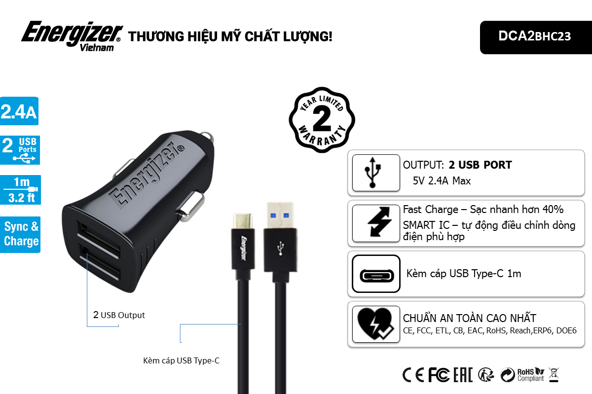 Sạc Ô Tô 2.4A 2USB + Kèm cáp USB Type-C 2.0 - DCA2BHC23