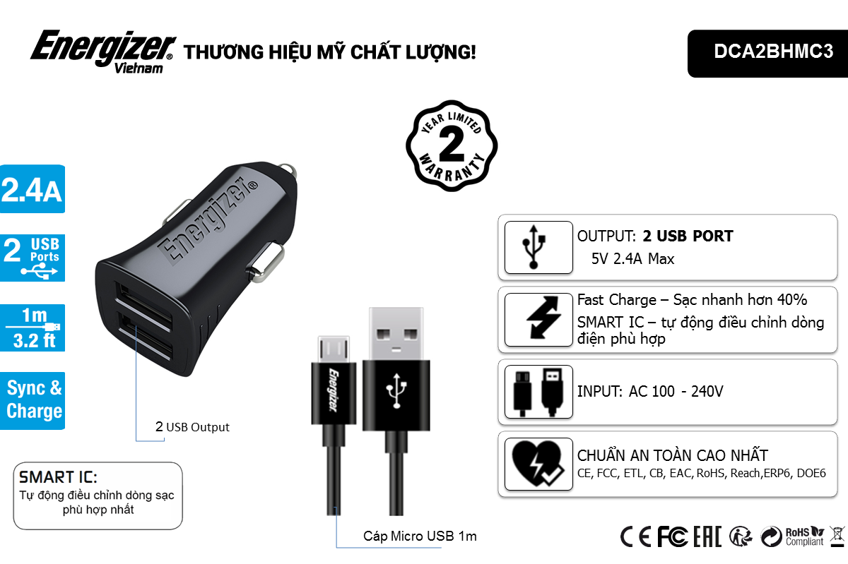 Sạc Ô Tô 2.4A 2USB + Kèm cáp Micro USB - DCA2BHMC3