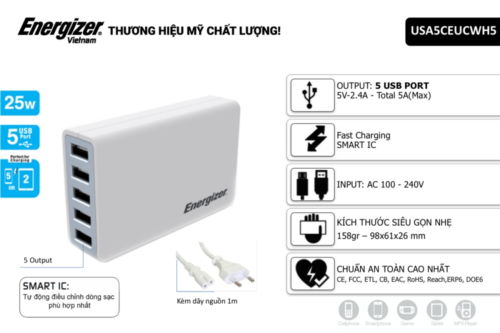 Sạc 5A 25W CL 5USB - USA5CEUCWH5