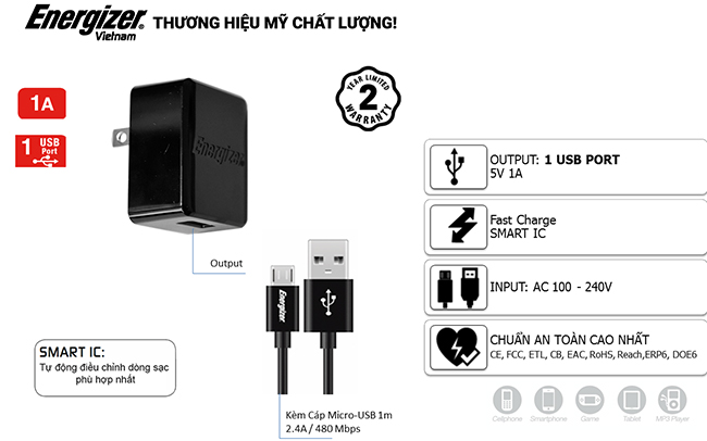 Sạc CL 1A 1USB + Cáp Micro - ACA1AUSCMC3