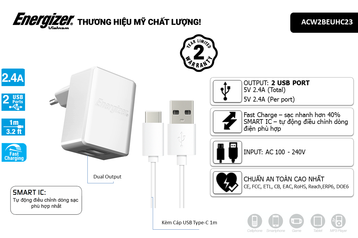 Sạc Hightech 2.4A 2USB + Kèm cáp USB Type-C 2.0 - ACW2BEUHC23