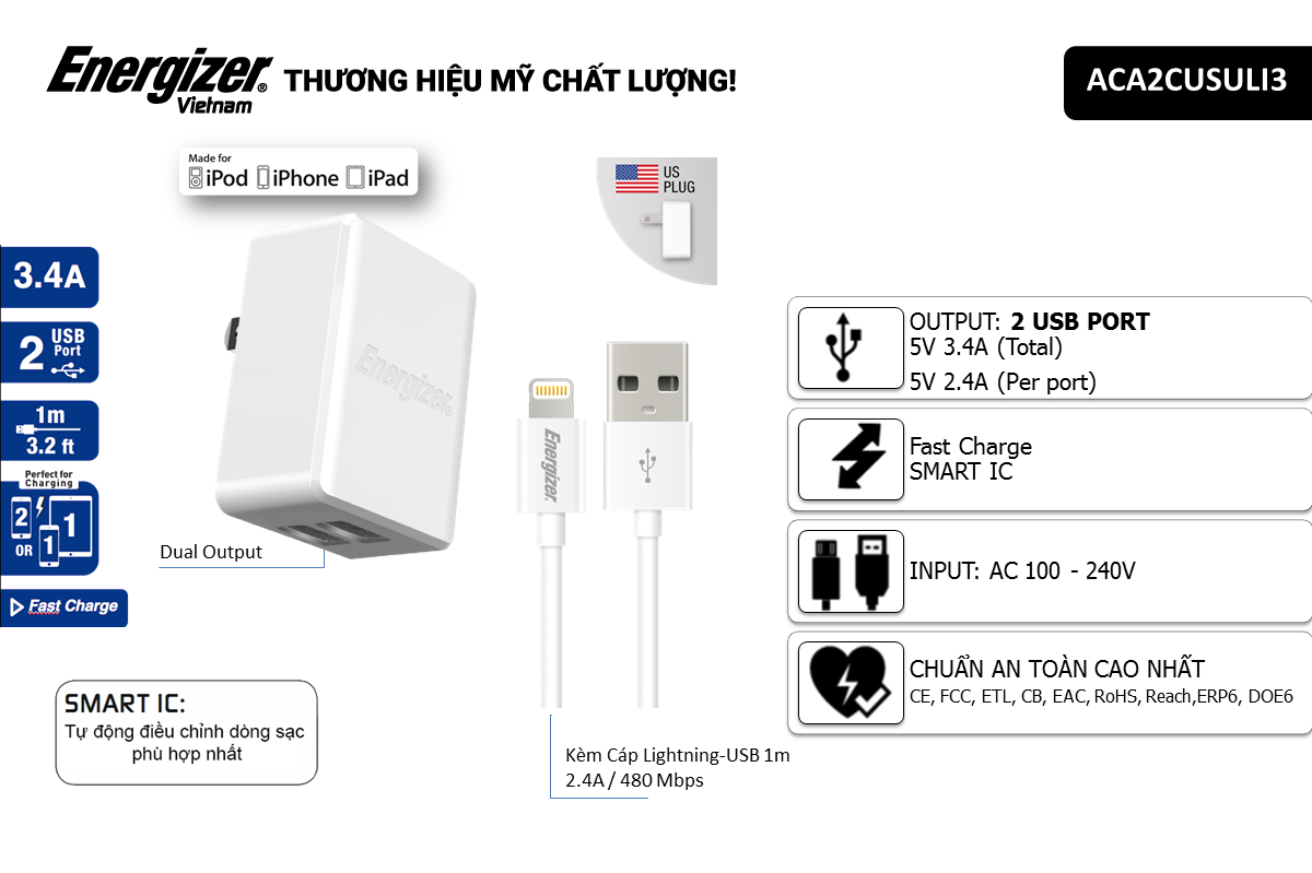 Sạc UL 3.4A 2USB + Cáp Lightning - ACA2CUSULI3