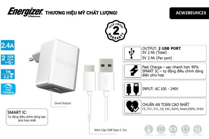 Sạc Hightech 2.4A 2USB - ACA2BUSHBK3